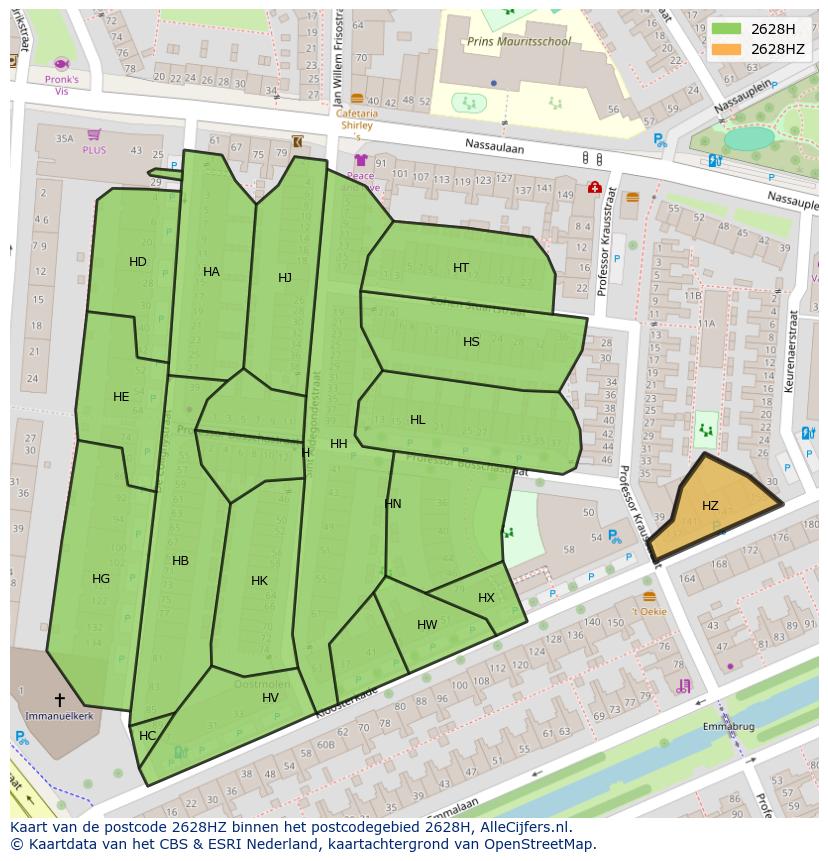 Afbeelding van het postcodegebied 2628 HZ op de kaart.