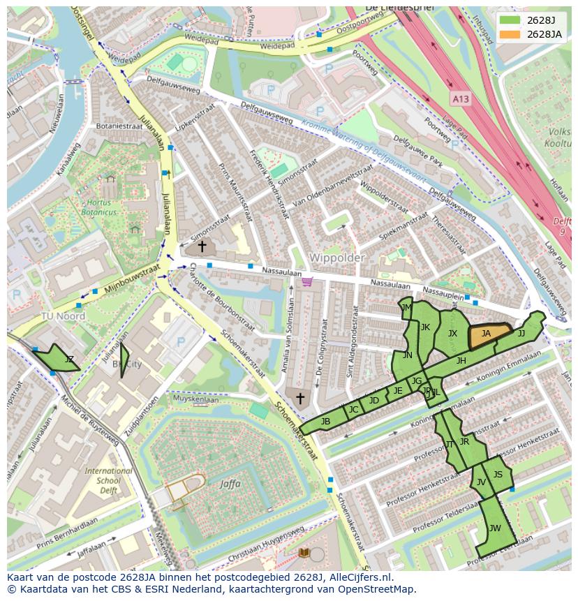 Afbeelding van het postcodegebied 2628 JA op de kaart.