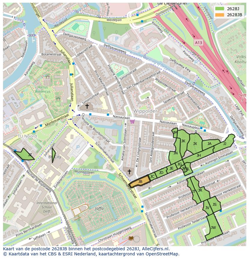 Afbeelding van het postcodegebied 2628 JB op de kaart.