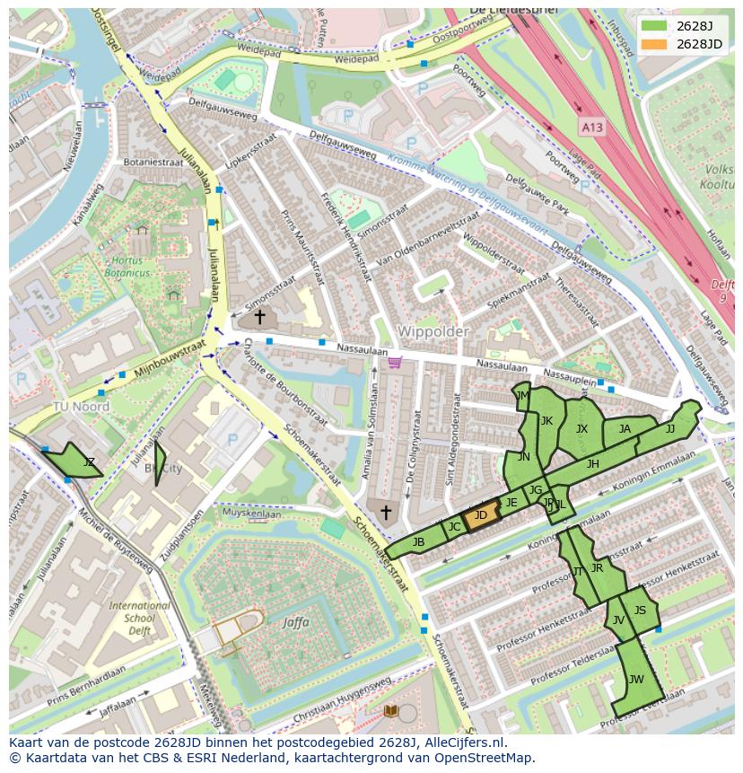 Afbeelding van het postcodegebied 2628 JD op de kaart.