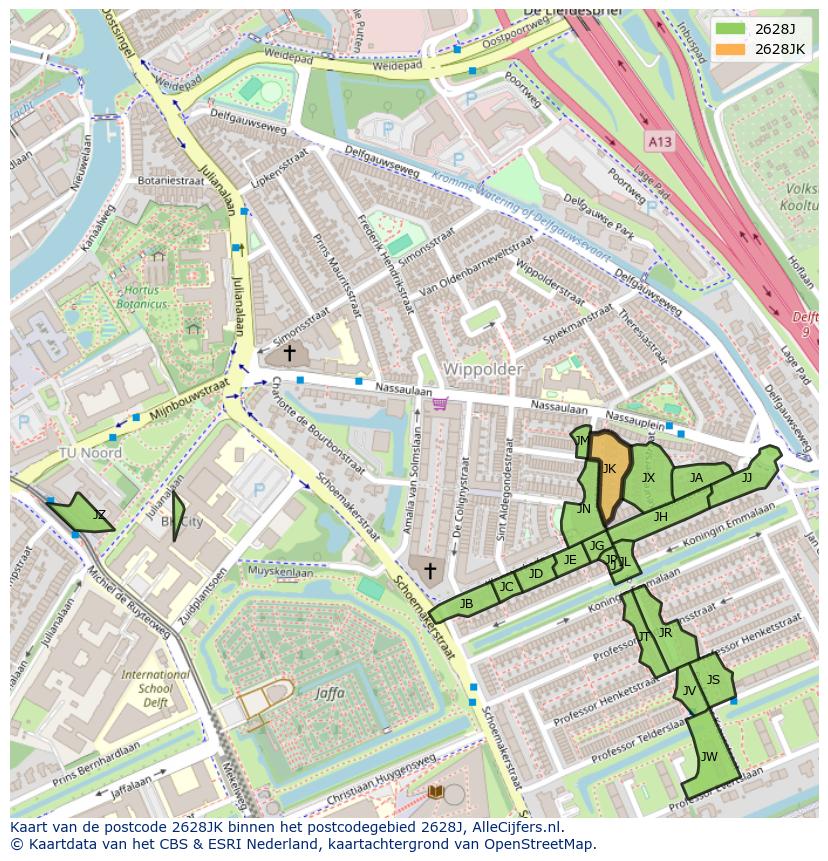 Afbeelding van het postcodegebied 2628 JK op de kaart.