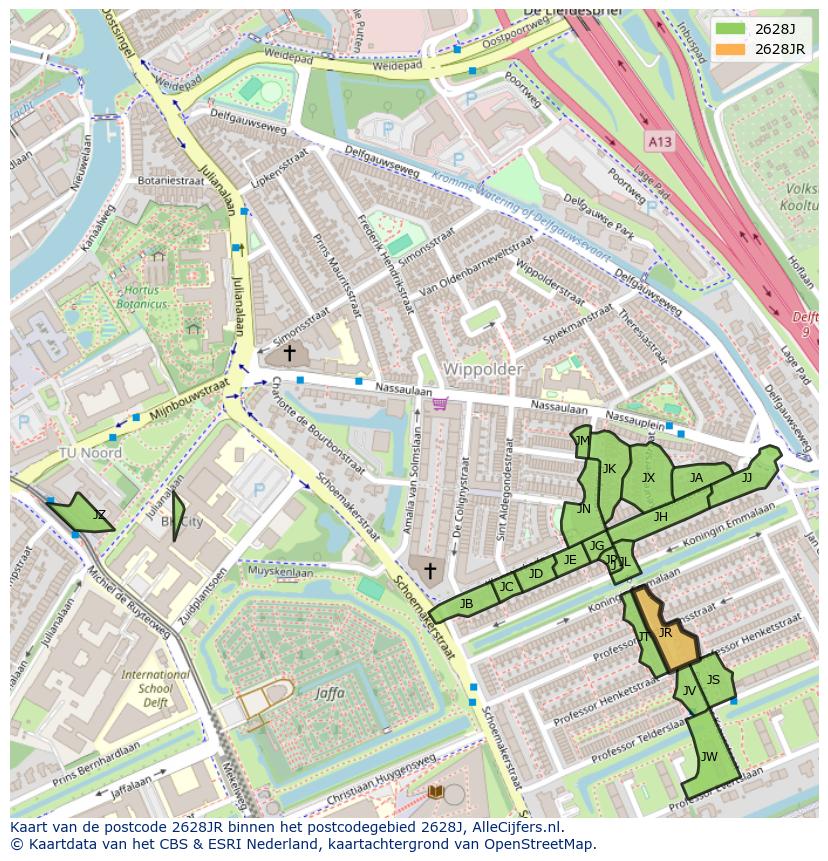 Afbeelding van het postcodegebied 2628 JR op de kaart.