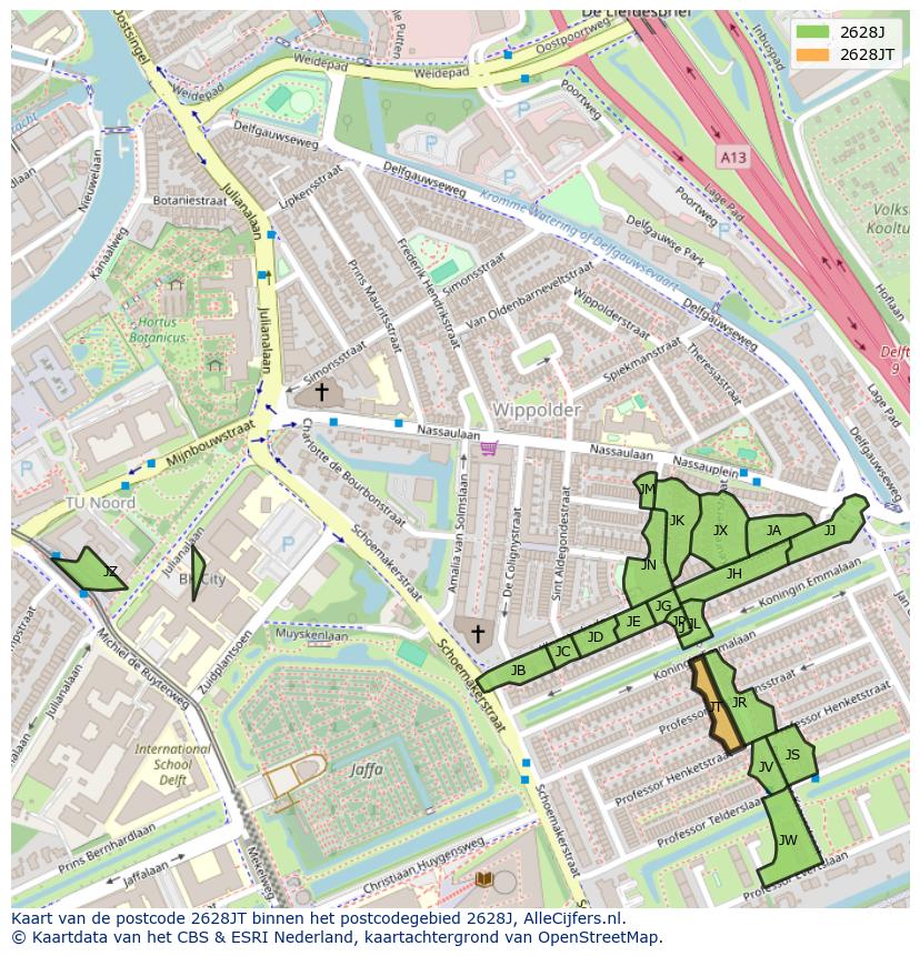 Afbeelding van het postcodegebied 2628 JT op de kaart.