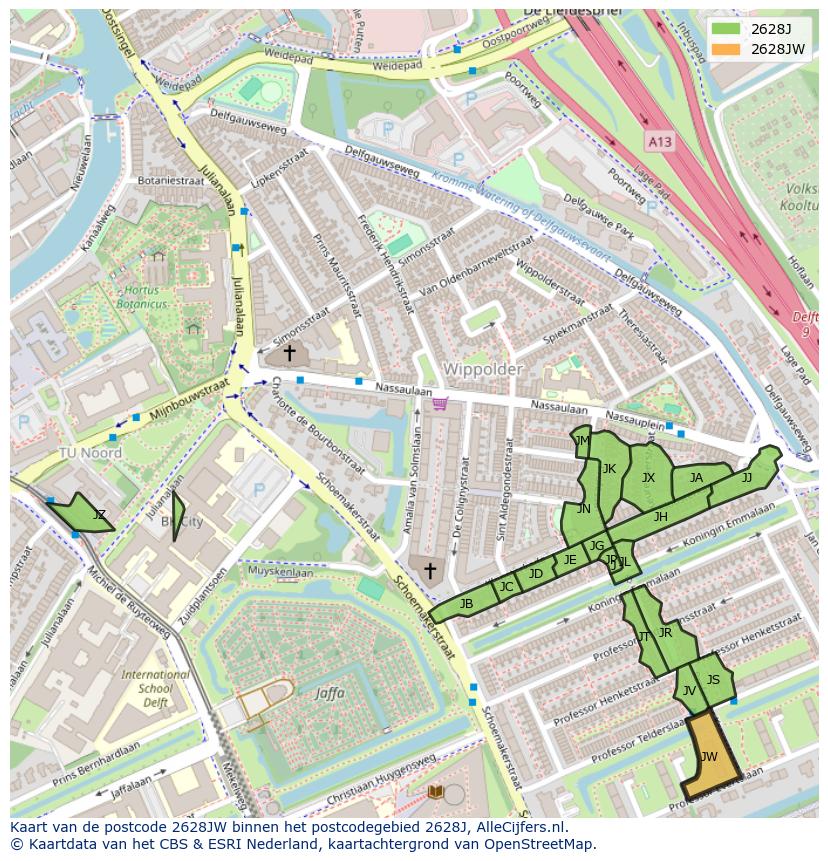 Afbeelding van het postcodegebied 2628 JW op de kaart.