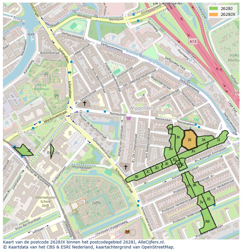 Afbeelding van het postcodegebied 2628 JX op de kaart.