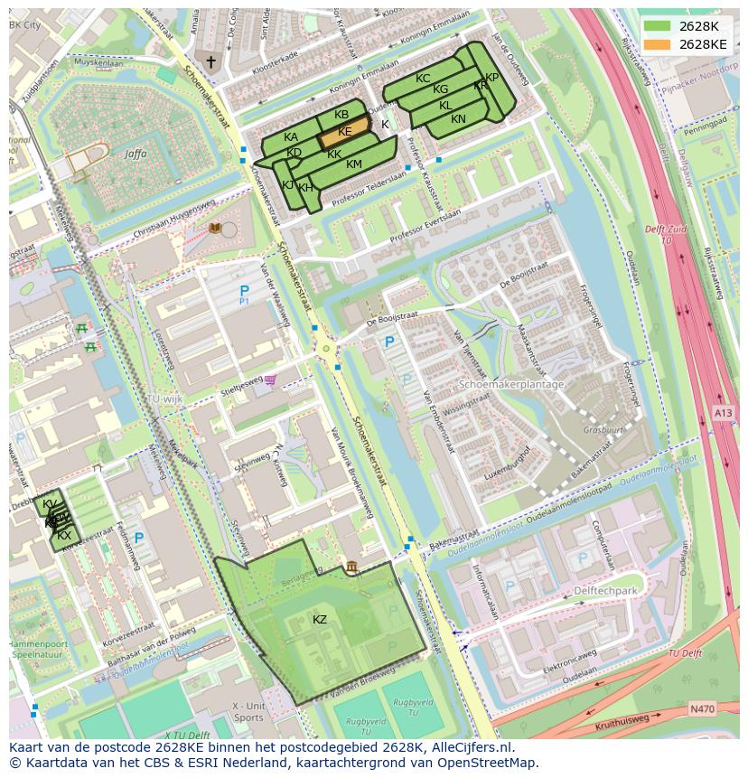 Afbeelding van het postcodegebied 2628 KE op de kaart.