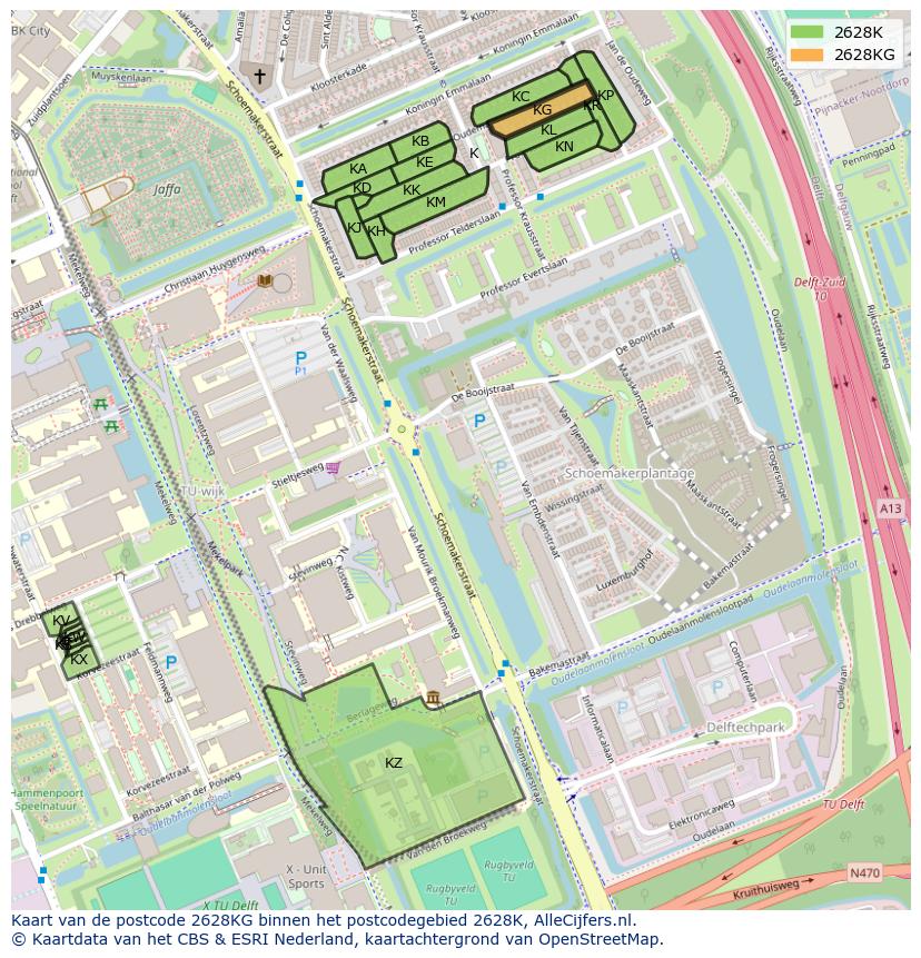 Afbeelding van het postcodegebied 2628 KG op de kaart.