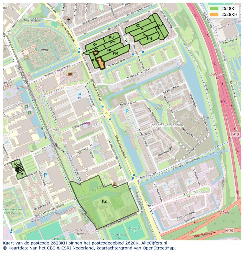 Afbeelding van het postcodegebied 2628 KH op de kaart.