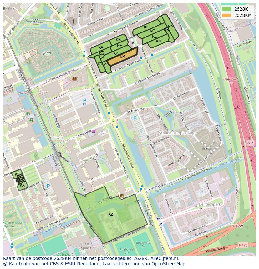 Afbeelding van het postcodegebied 2628 KM op de kaart.