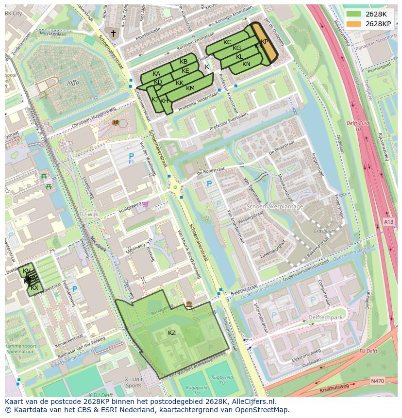 Afbeelding van het postcodegebied 2628 KP op de kaart.