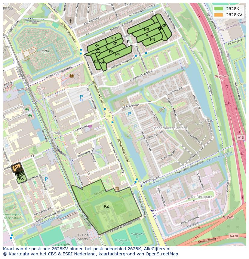 Afbeelding van het postcodegebied 2628 KV op de kaart.