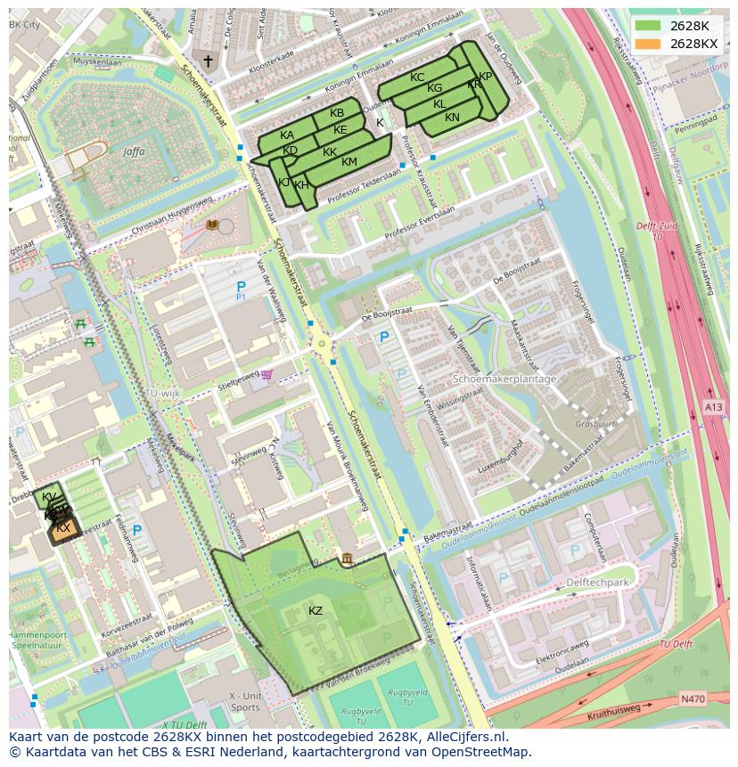 Afbeelding van het postcodegebied 2628 KX op de kaart.
