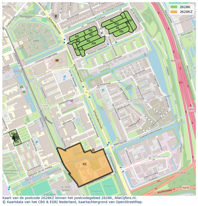 Afbeelding van het postcodegebied 2628 KZ op de kaart.