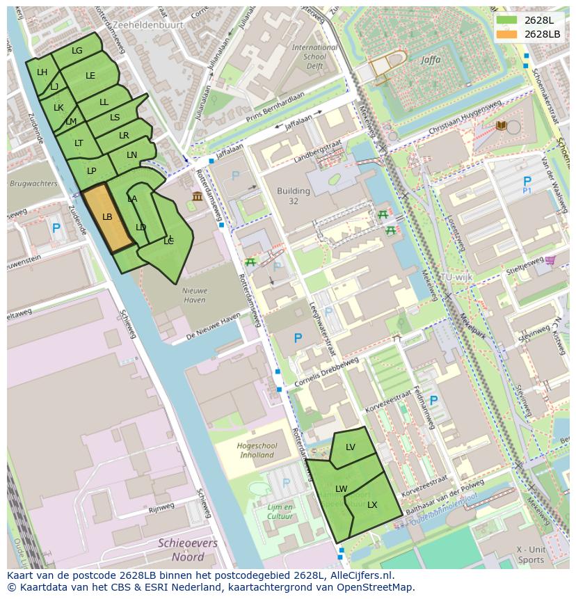 Afbeelding van het postcodegebied 2628 LB op de kaart.