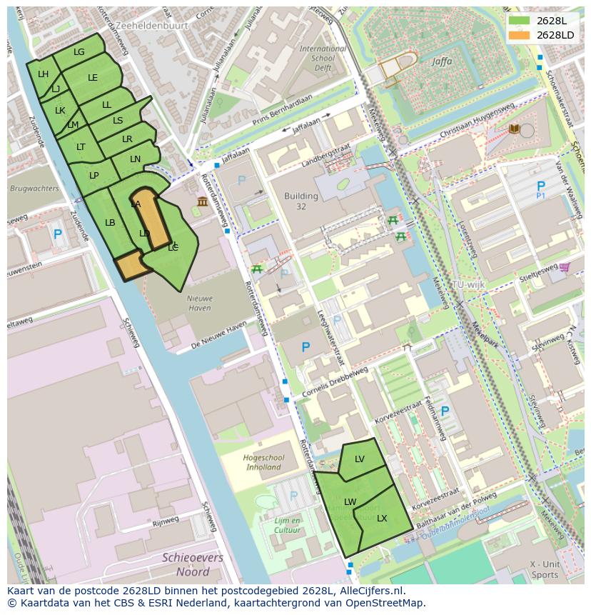 Afbeelding van het postcodegebied 2628 LD op de kaart.