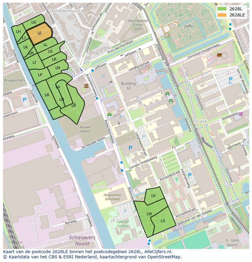 Afbeelding van het postcodegebied 2628 LE op de kaart.