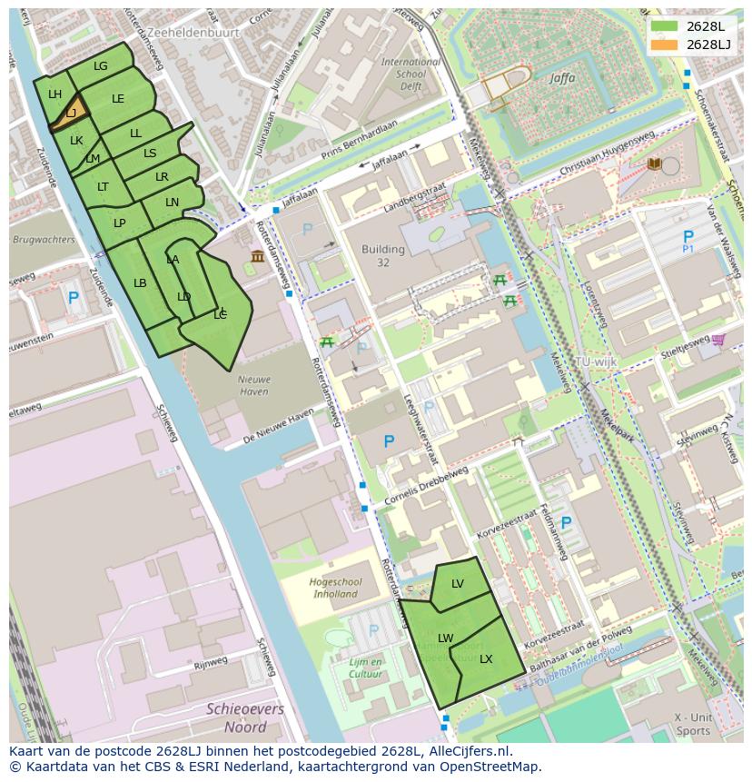 Afbeelding van het postcodegebied 2628 LJ op de kaart.