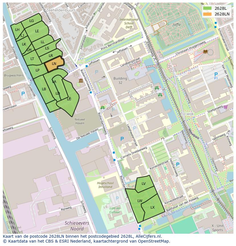 Afbeelding van het postcodegebied 2628 LN op de kaart.