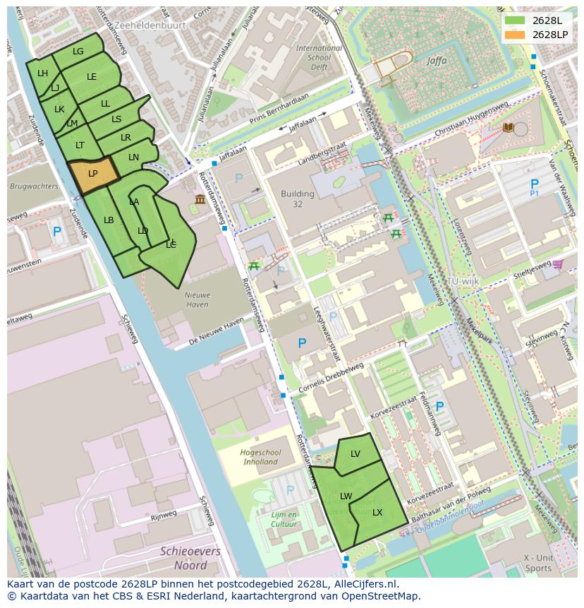 Afbeelding van het postcodegebied 2628 LP op de kaart.