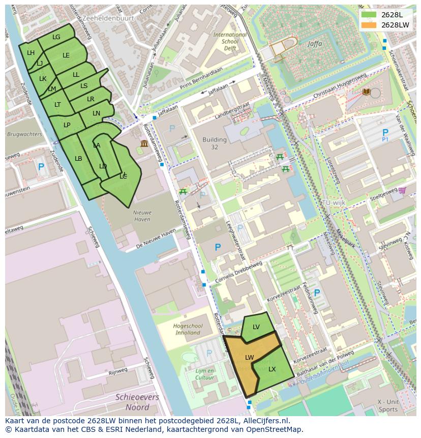 Afbeelding van het postcodegebied 2628 LW op de kaart.