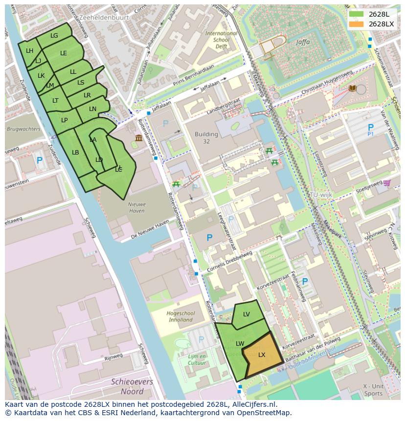 Afbeelding van het postcodegebied 2628 LX op de kaart.