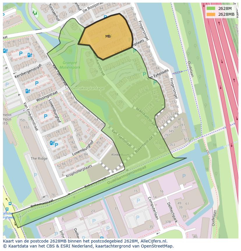 Afbeelding van het postcodegebied 2628 MB op de kaart.
