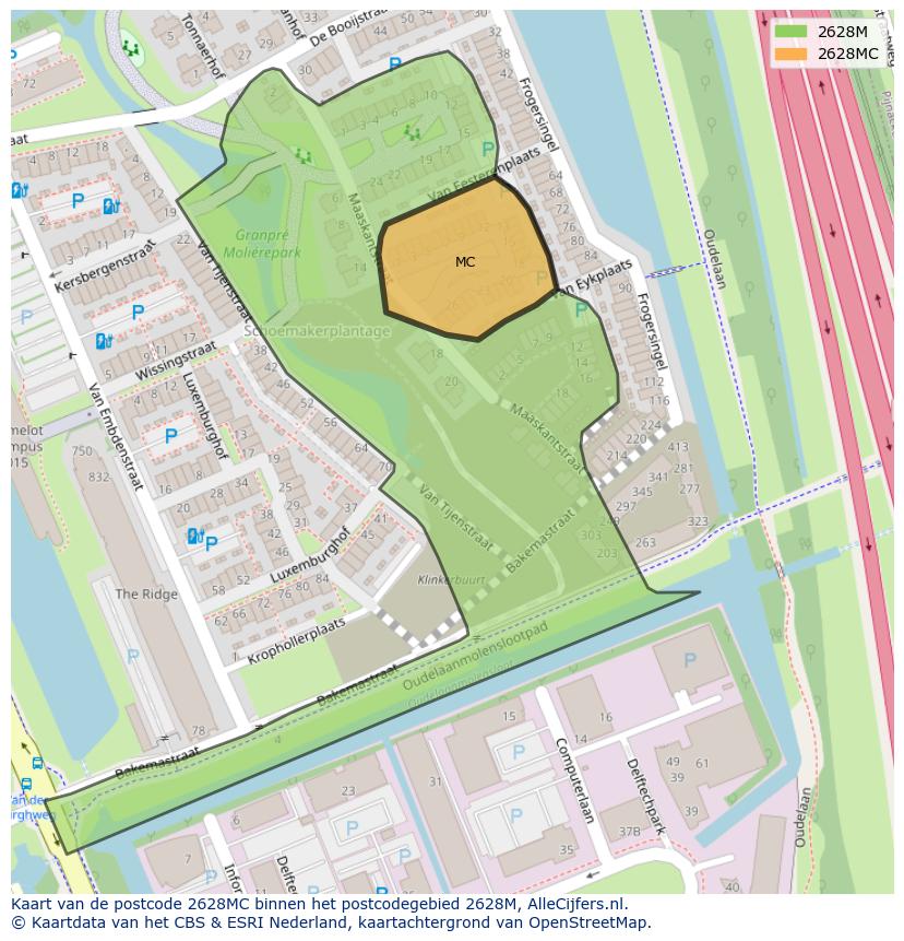 Afbeelding van het postcodegebied 2628 MC op de kaart.