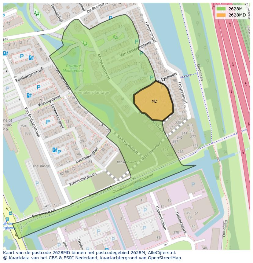 Afbeelding van het postcodegebied 2628 MD op de kaart.