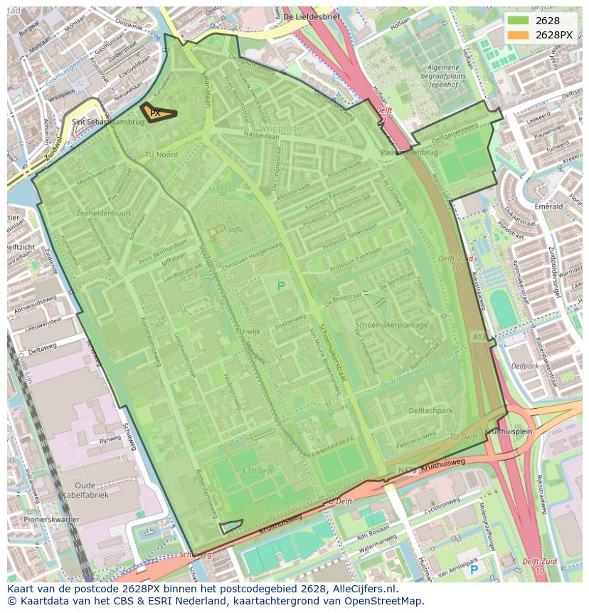 Afbeelding van het postcodegebied 2628 PX op de kaart.