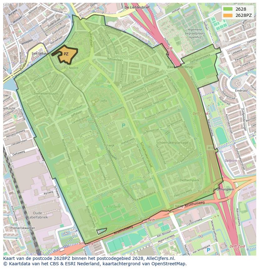 Afbeelding van het postcodegebied 2628 PZ op de kaart.