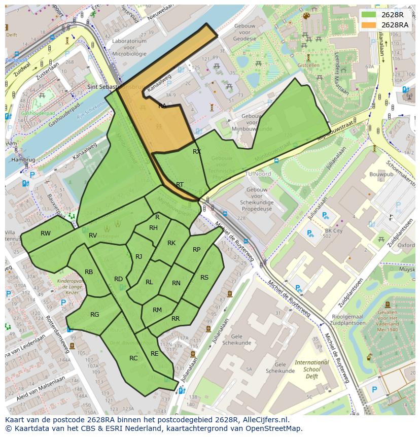 Afbeelding van het postcodegebied 2628 RA op de kaart.