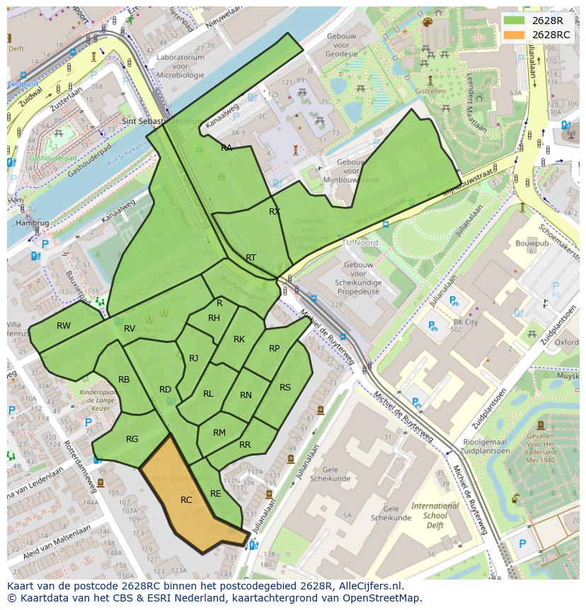 Afbeelding van het postcodegebied 2628 RC op de kaart.