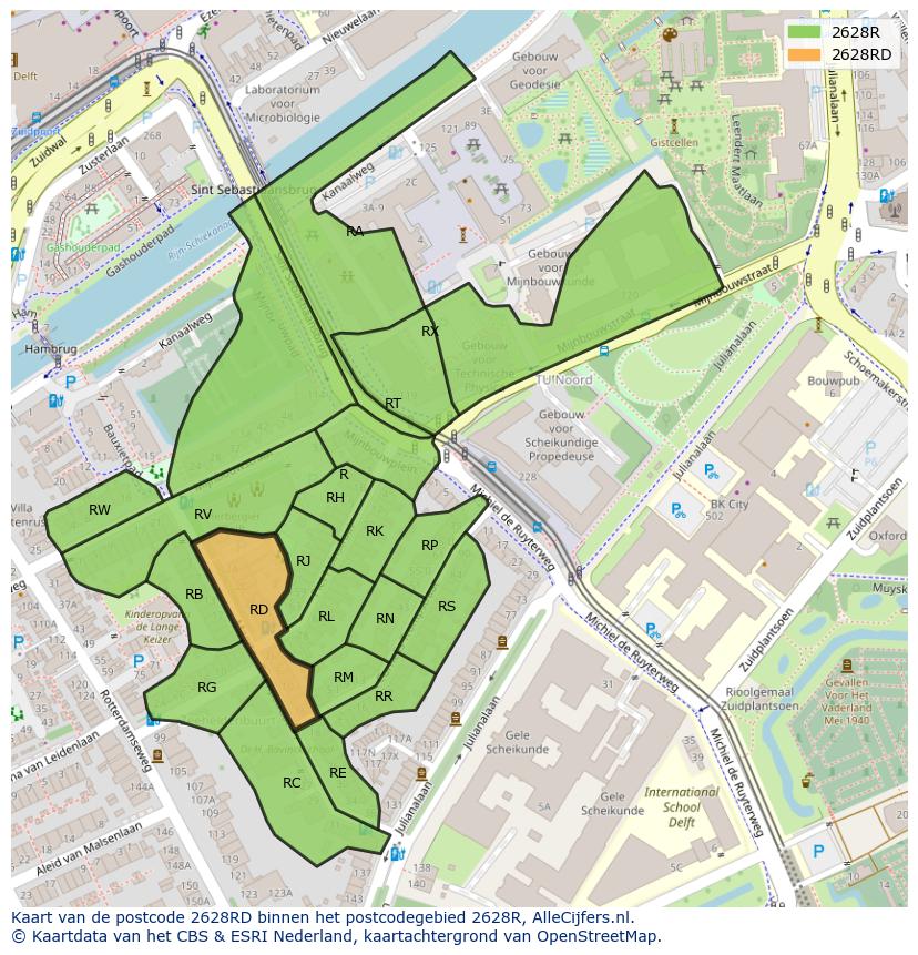 Afbeelding van het postcodegebied 2628 RD op de kaart.