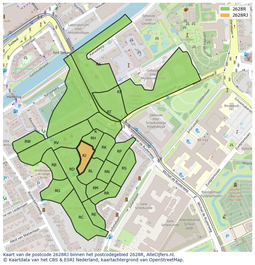 Afbeelding van het postcodegebied 2628 RJ op de kaart.