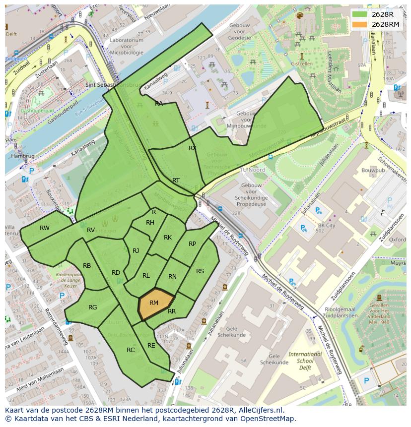 Afbeelding van het postcodegebied 2628 RM op de kaart.