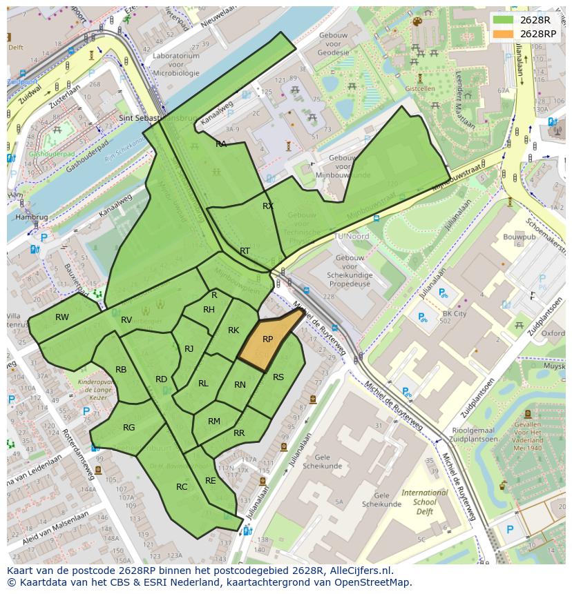 Afbeelding van het postcodegebied 2628 RP op de kaart.