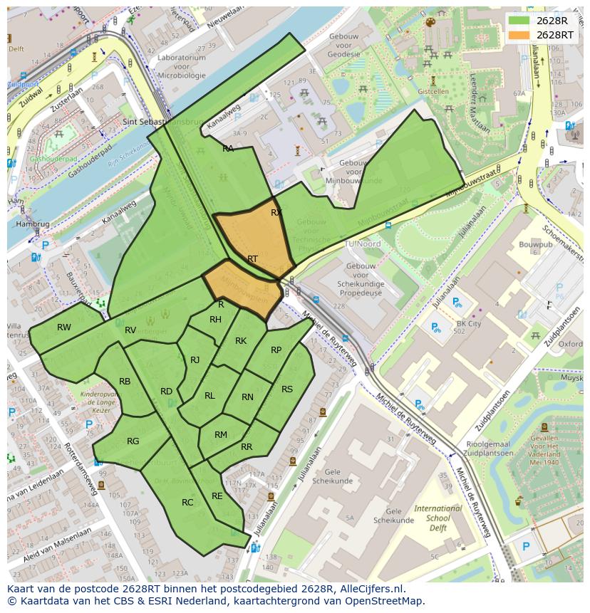 Afbeelding van het postcodegebied 2628 RT op de kaart.