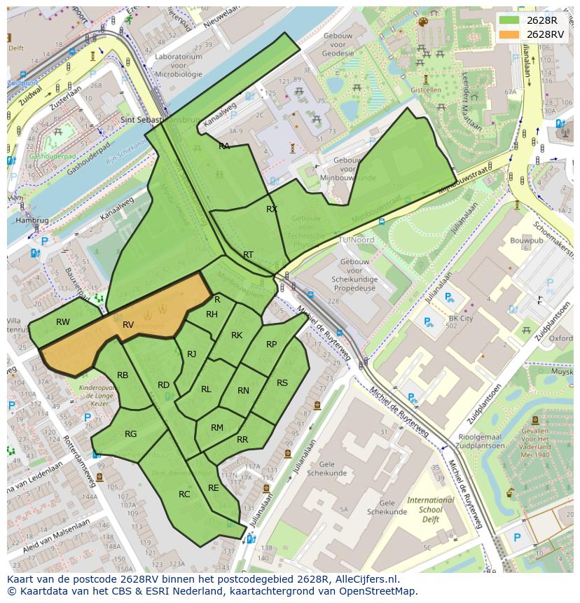 Afbeelding van het postcodegebied 2628 RV op de kaart.