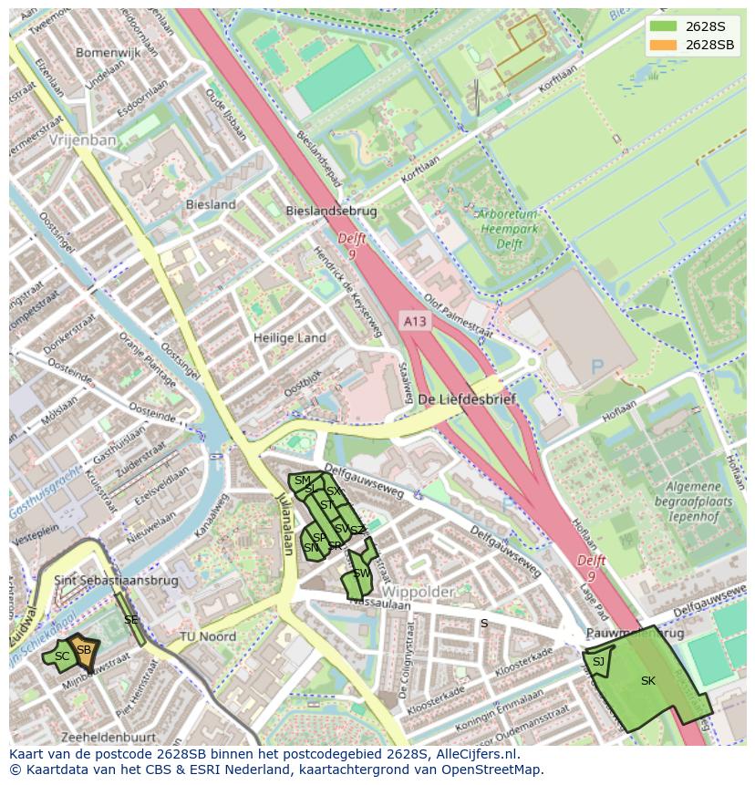 Afbeelding van het postcodegebied 2628 SB op de kaart.