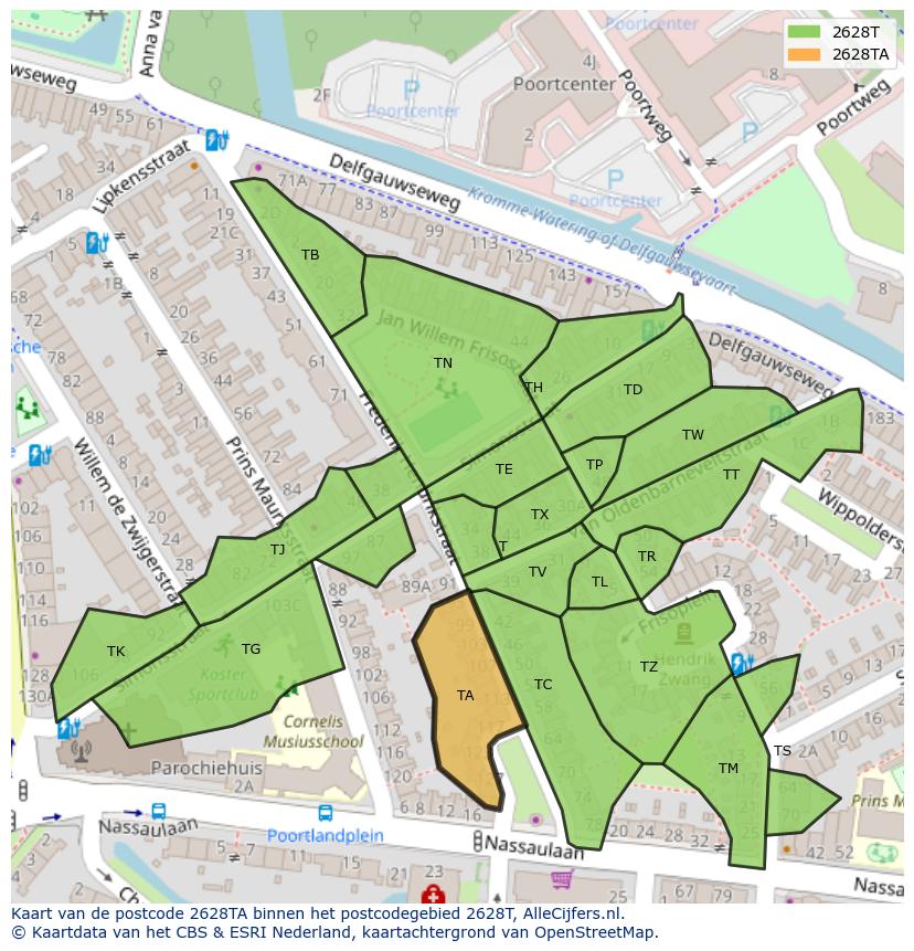 Afbeelding van het postcodegebied 2628 TA op de kaart.