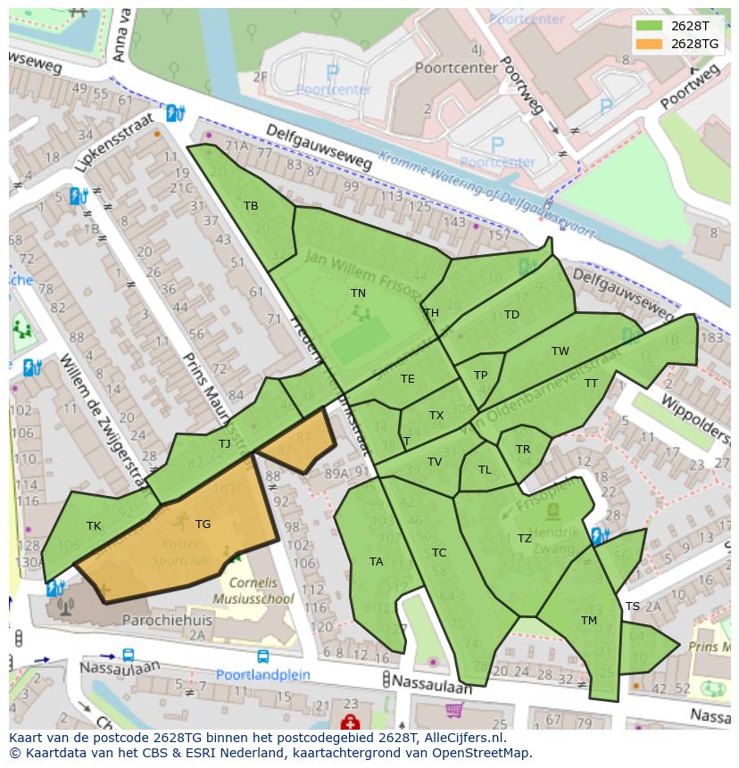 Afbeelding van het postcodegebied 2628 TG op de kaart.