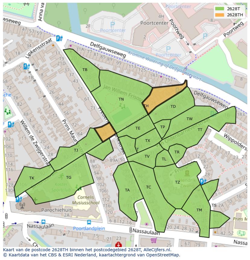 Afbeelding van het postcodegebied 2628 TH op de kaart.