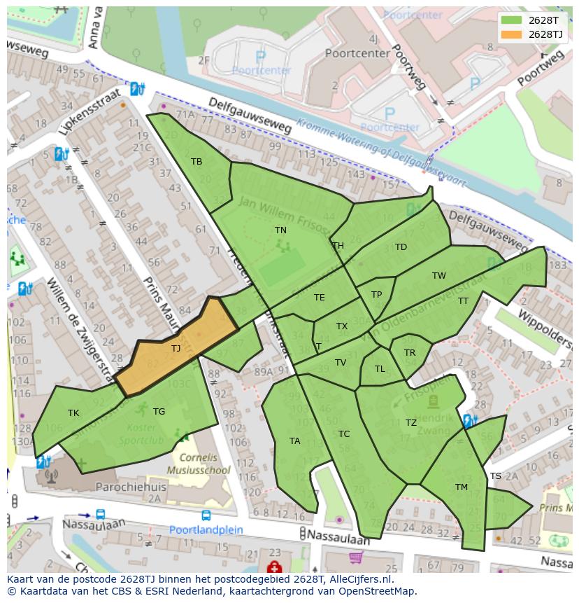 Afbeelding van het postcodegebied 2628 TJ op de kaart.