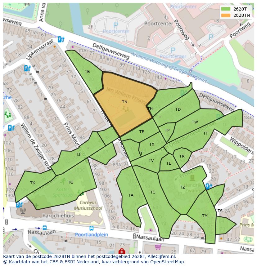 Afbeelding van het postcodegebied 2628 TN op de kaart.
