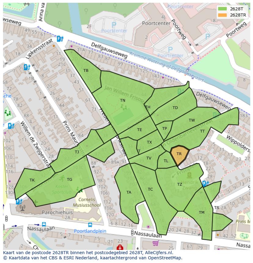 Afbeelding van het postcodegebied 2628 TR op de kaart.