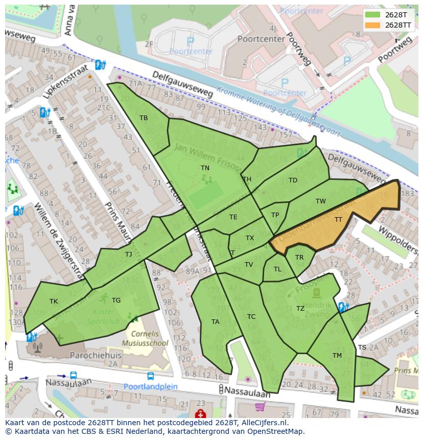 Afbeelding van het postcodegebied 2628 TT op de kaart.
