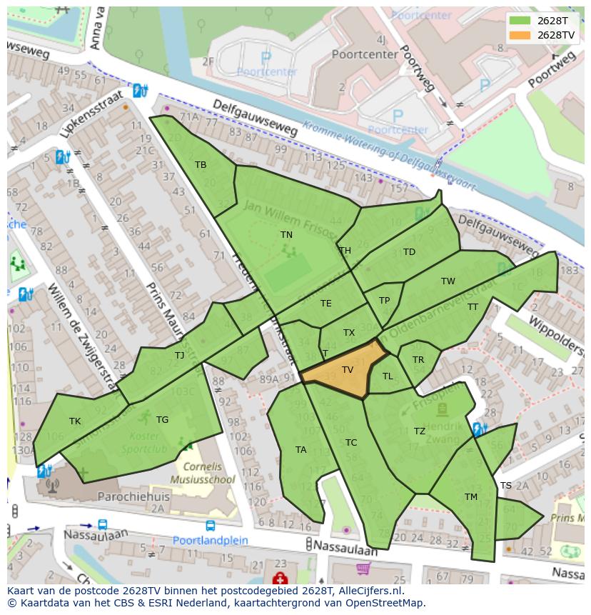 Afbeelding van het postcodegebied 2628 TV op de kaart.