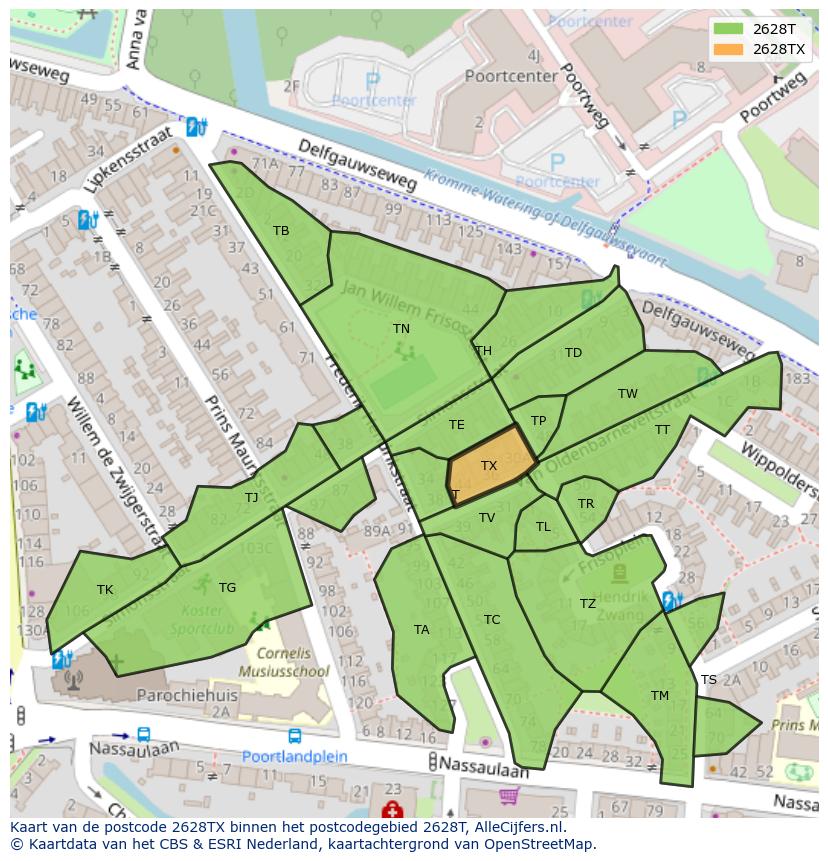 Afbeelding van het postcodegebied 2628 TX op de kaart.