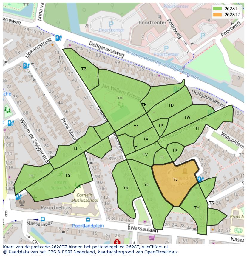 Afbeelding van het postcodegebied 2628 TZ op de kaart.