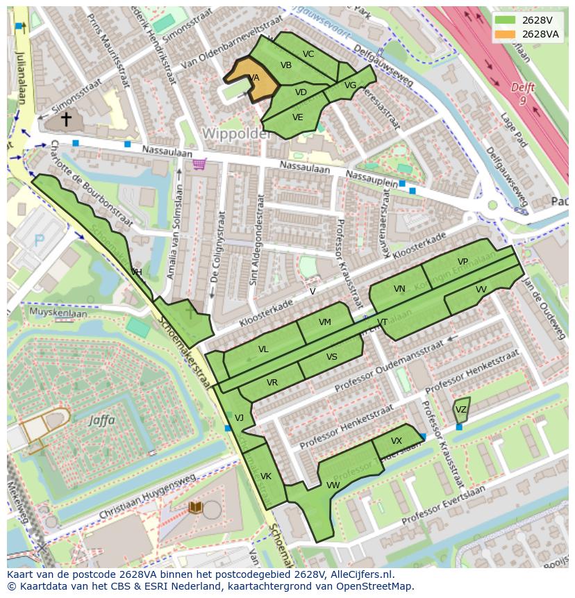 Afbeelding van het postcodegebied 2628 VA op de kaart.